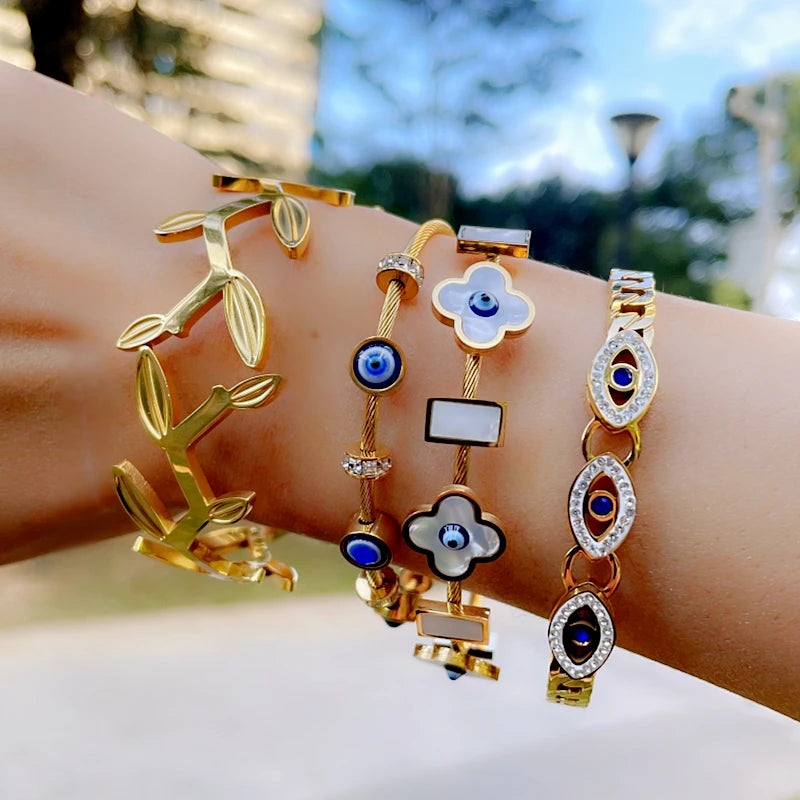 Evil Eye Bangles Bracelets for Women Gold Color Stainless Steel Zircon Bangles Friendship Jewelry Accessories