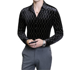 Men's Shirts Autumn Winter Luxury Velvet Social Shirt For Men Clothing 2024 Slim Fit Elegant Formal Grid Shirt Dress Long Sleeve