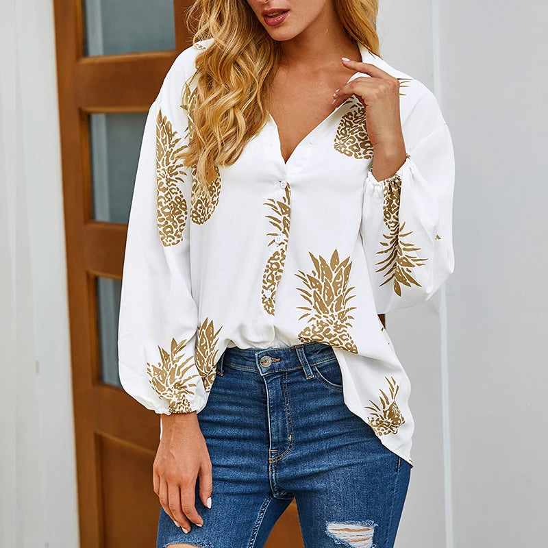 Autumn New Pineapple Print Long-Sleeved V-Neck White Button Blouse Korean Harajuku Fashion Ladies Popular Shirt