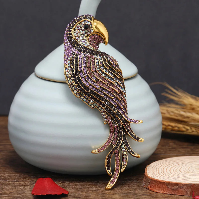 Retro Colored Rhinestone Parrot Brooch Animal Brooches Pin for Women Girls Clothing Accessories