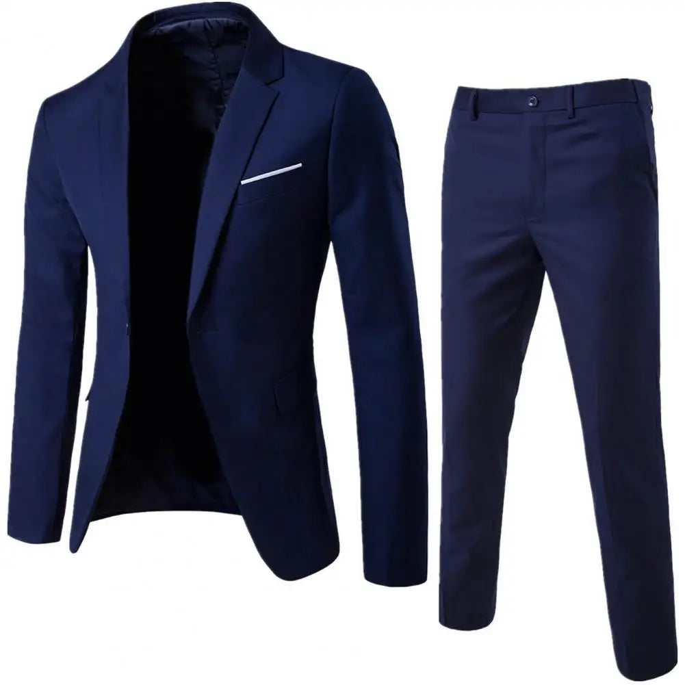 1 Set Stylish Formal Suit Temperament Men Blazer Pants Turndown Collar Pure Color One Button Suit Set  Daily Wear