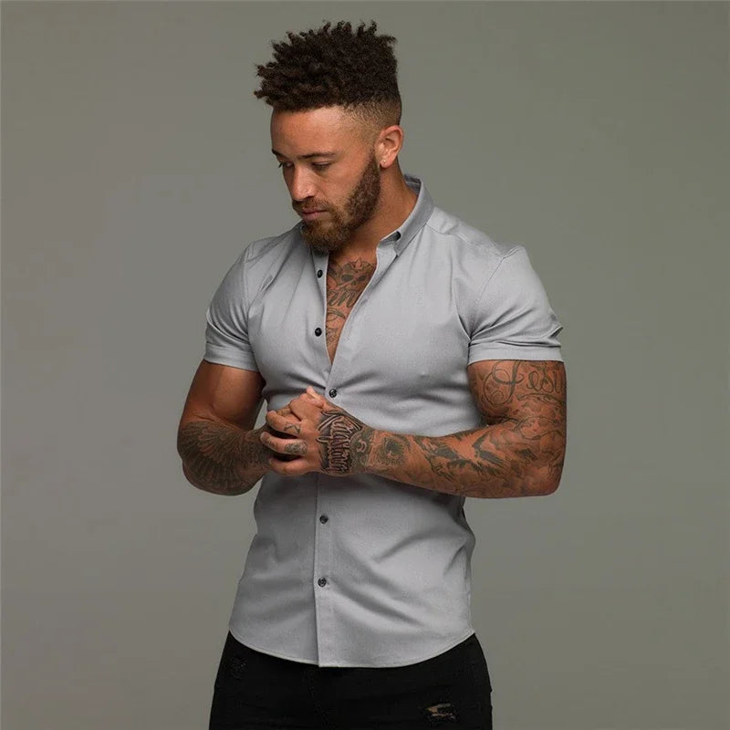 Men's Fashion Dress Shirt Summer Classic Slim Fit Button Short Sleeve Shirts