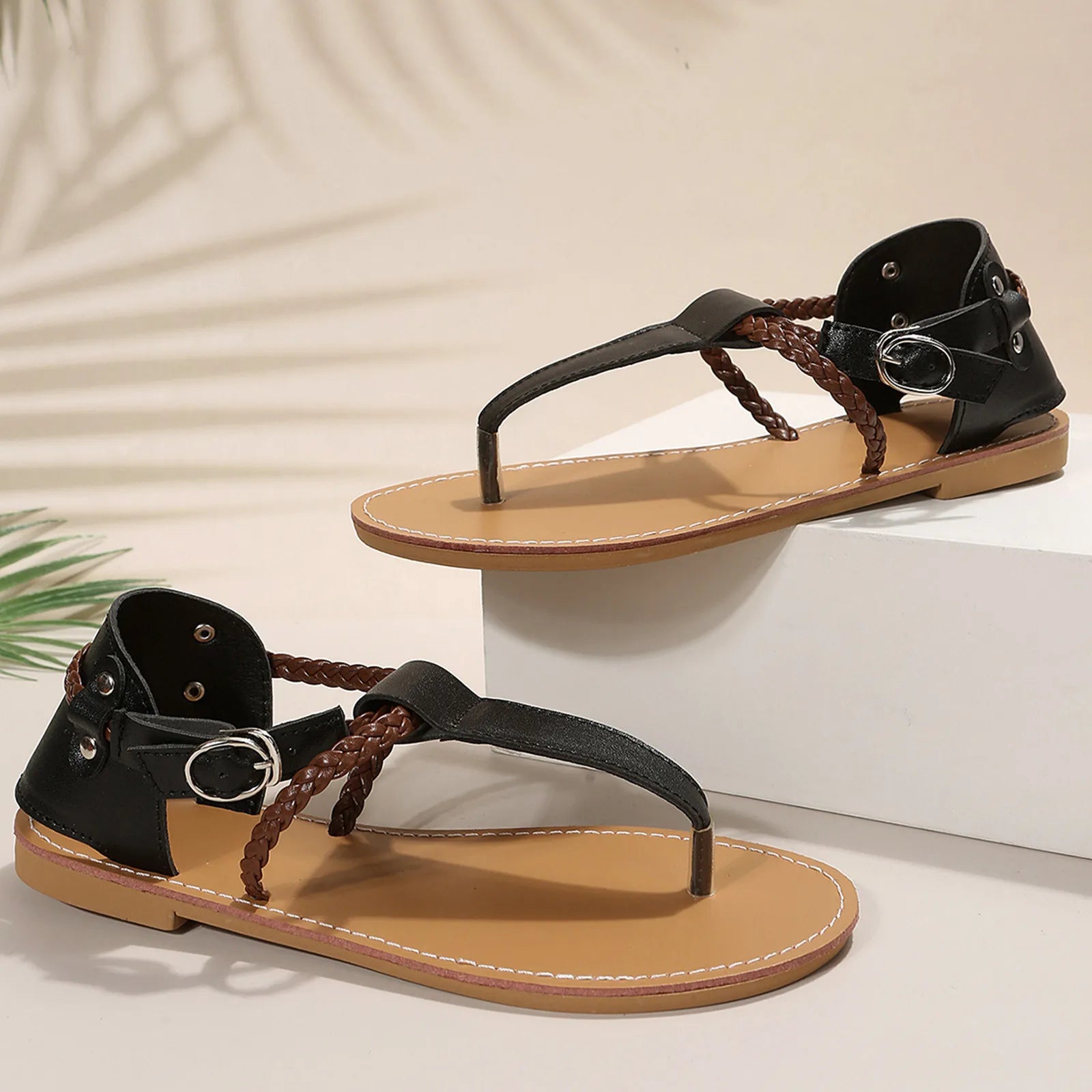 Female Sandals Fashion Summer Solid Color Buckle Flat Bottom Sandals