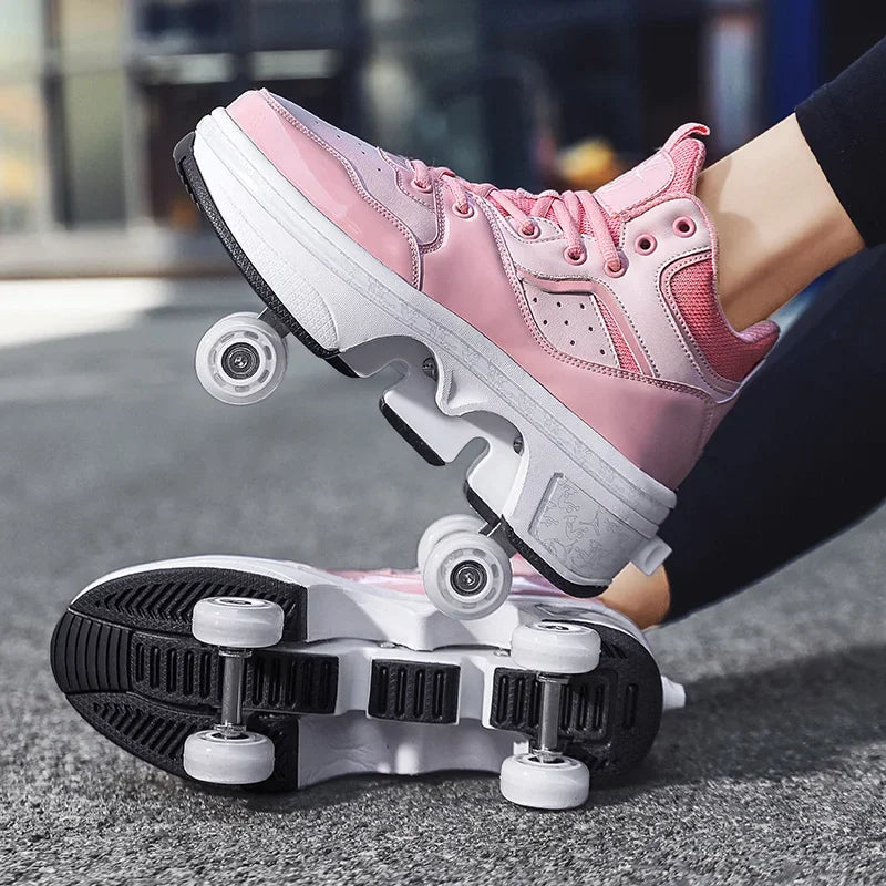 Child's 4-wheel Dual-purpose Roller Shoes Outdoor Kids Deformed Shoes With Wheels Fashion Parkour Sneakers For Girls From Gift