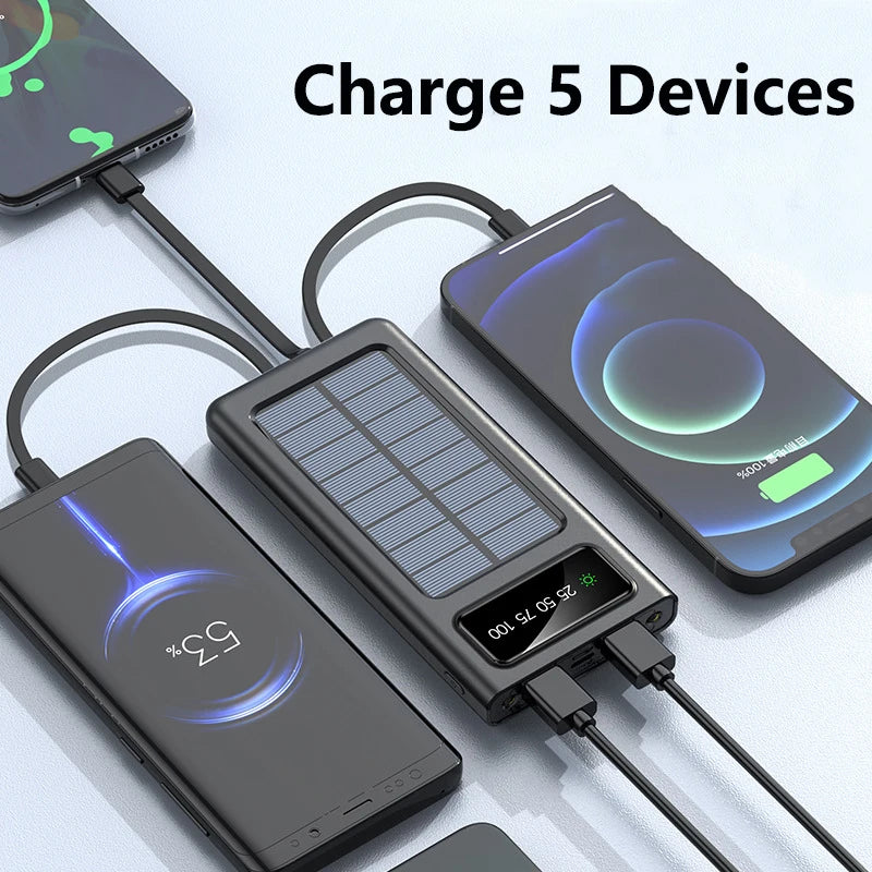 Solar Power Bank 30000mAh Built in 4 Cable Portable Charger LED Light Digital Display Powerbank