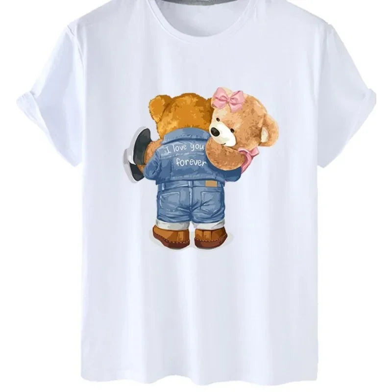 Women's Fun Cartoon Milk Tea Bear Print Round Neck Short-sleeved T-shirt