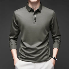 New Men's Business Casual Long Sleeved Shirt with Badge Solid Color Polo Shirt Fashionable Breathable Comfortable Versatile Top