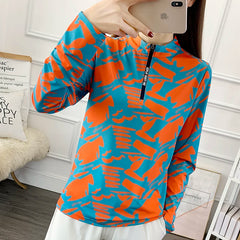 Women's Breathable Outdoor Sports Quick Dry Print Shirt Ladies Running Hiking Long Sleeve UV Clothing Camping Stand Collar Top