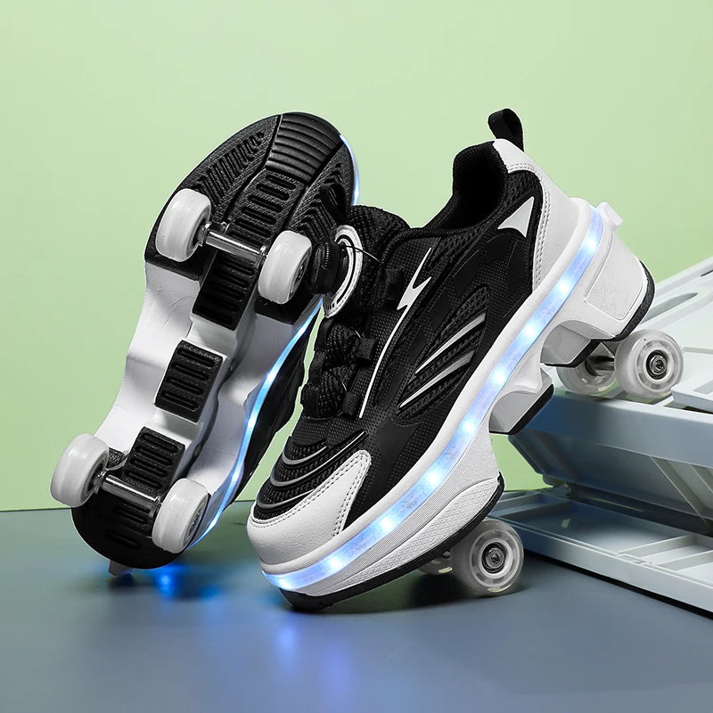 Double-Row Four-Wheel Roller Skating Shoes LED Flash Dual-Use Roller Shoes Men Women Casual Sneakers Sport Walking dog Shoes