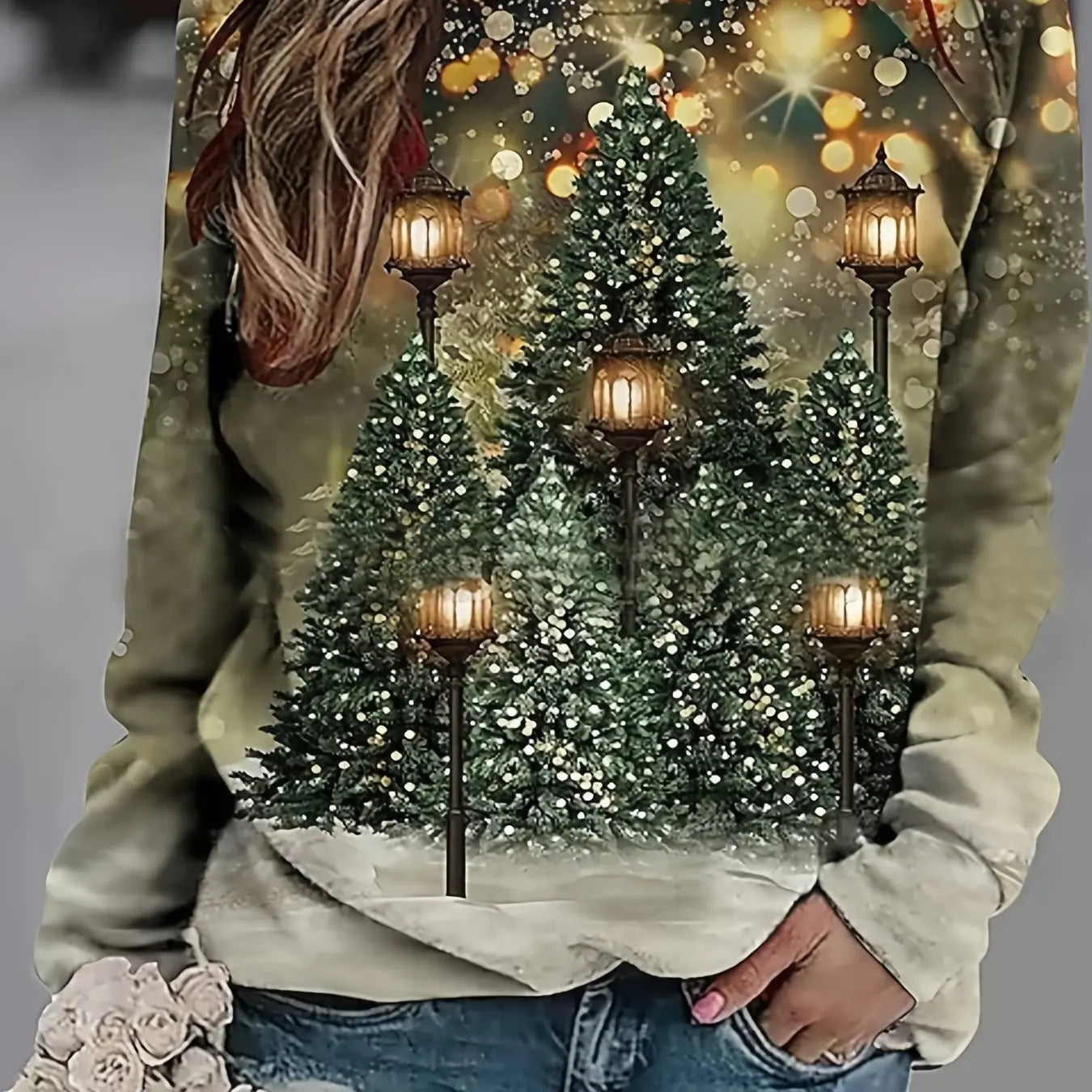 Festive Christmas Tree Print Sweatshirt - Soft Casual Long Sleeve CrewNeck, Relaxed Fit, Women's Winter Clothing Holiday Gift