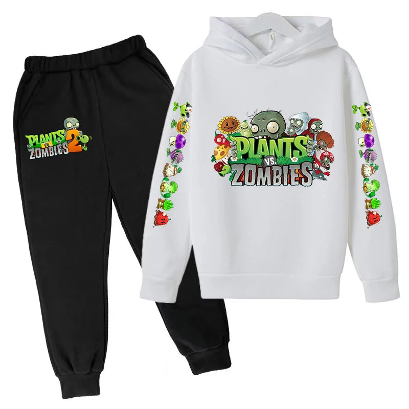 Kids Hooded Pullover Popular Game Plants vs. Monster Print Boys/Girls Top/Pants Clothing Set