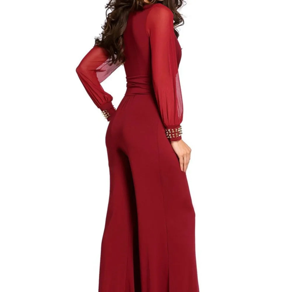 Temperament Elegant Color Block Jumpsuits Women Deep V-neck Half Sleeves High Waist Wide Legs Jumpsuit Female Commuting Clothing