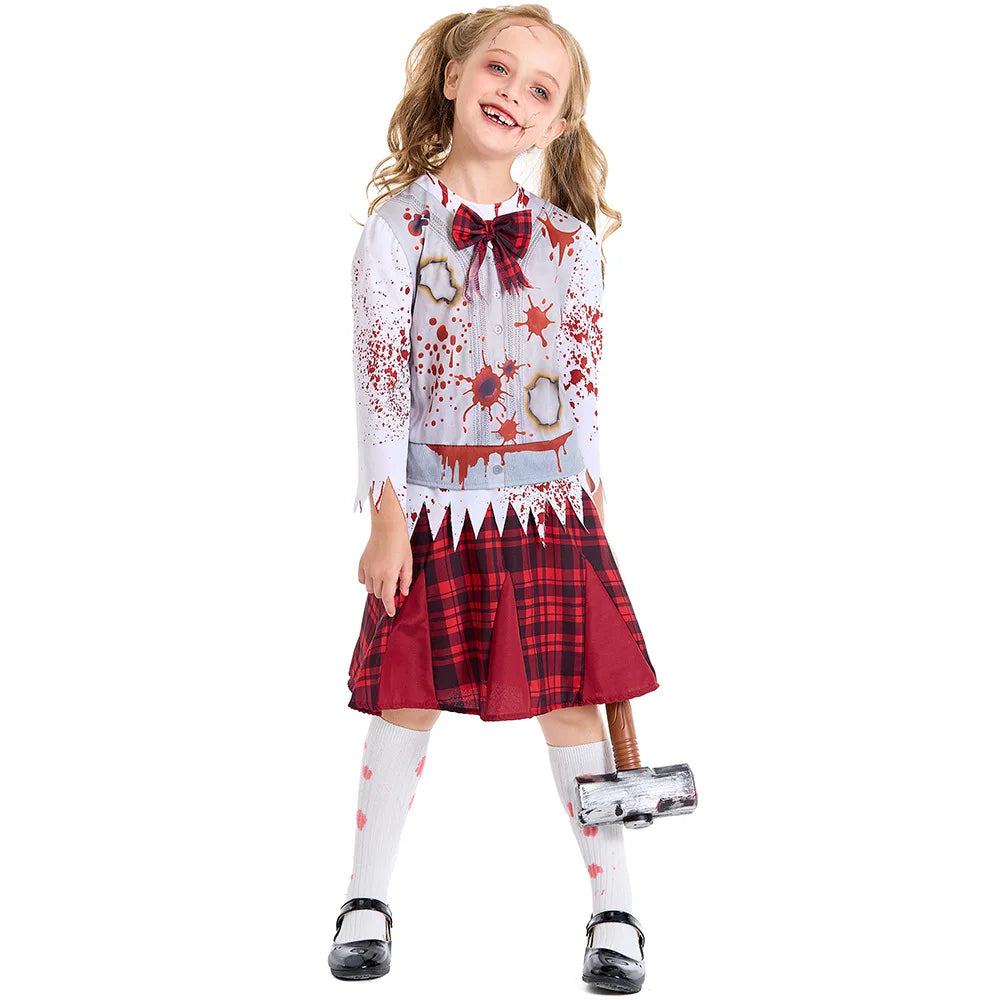 Girls Bloody Zombie Student Cosplay Kids Children Halloween Walking Dead Scary Costumes