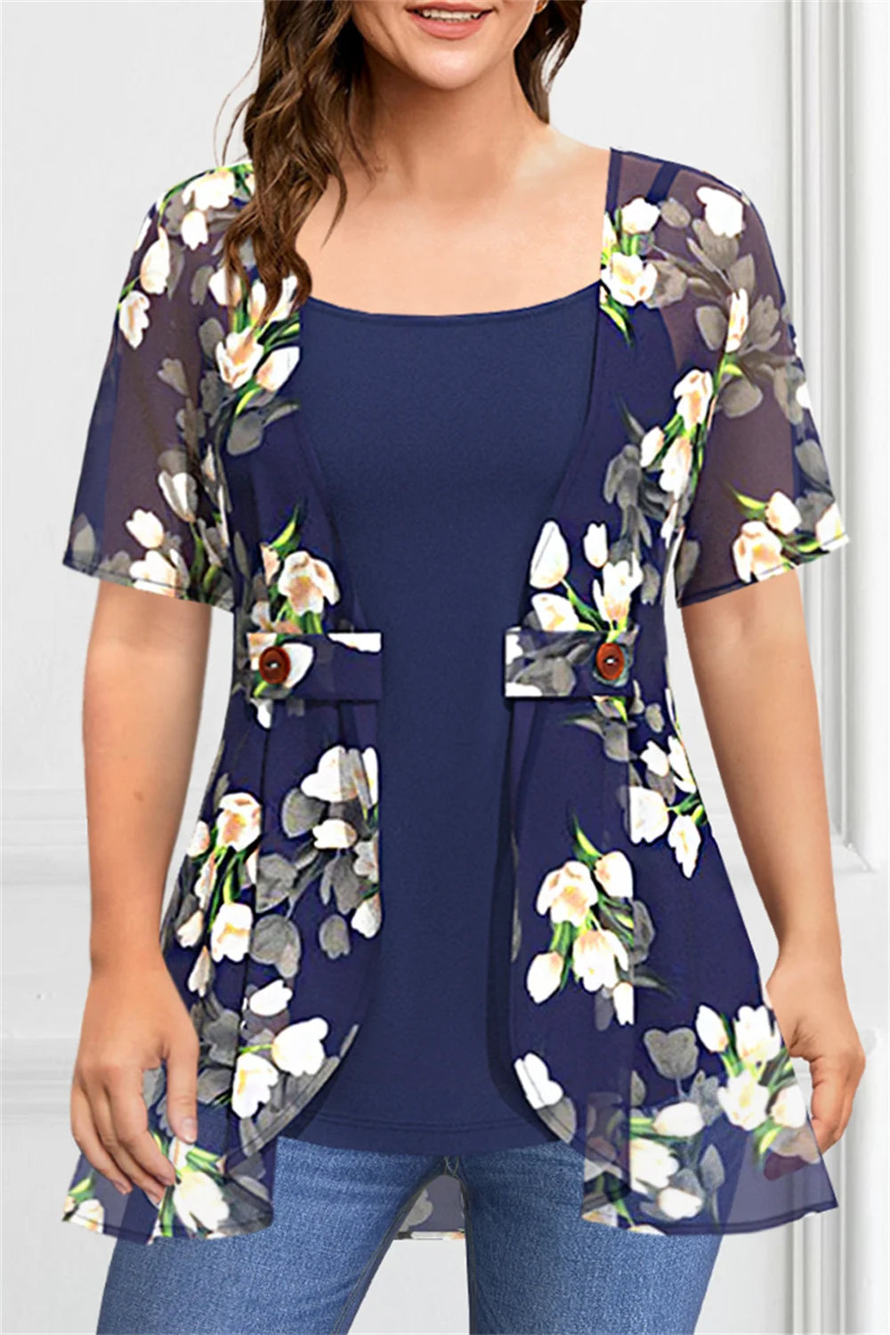 Plus Size Casual Grey Chiffon Floral Print Fake Two Pieces Blouse