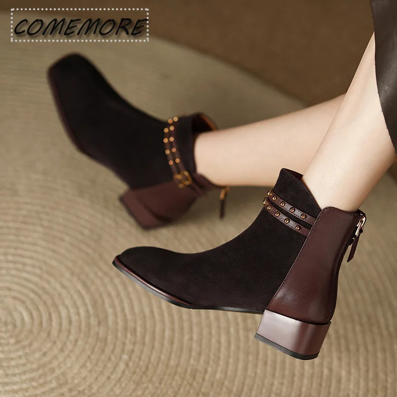 2025 Spring Autumn Woman’s Classic New European American Boot Rivets Fashion Versatile Soft Breatheable PU Anti Slip Square Head