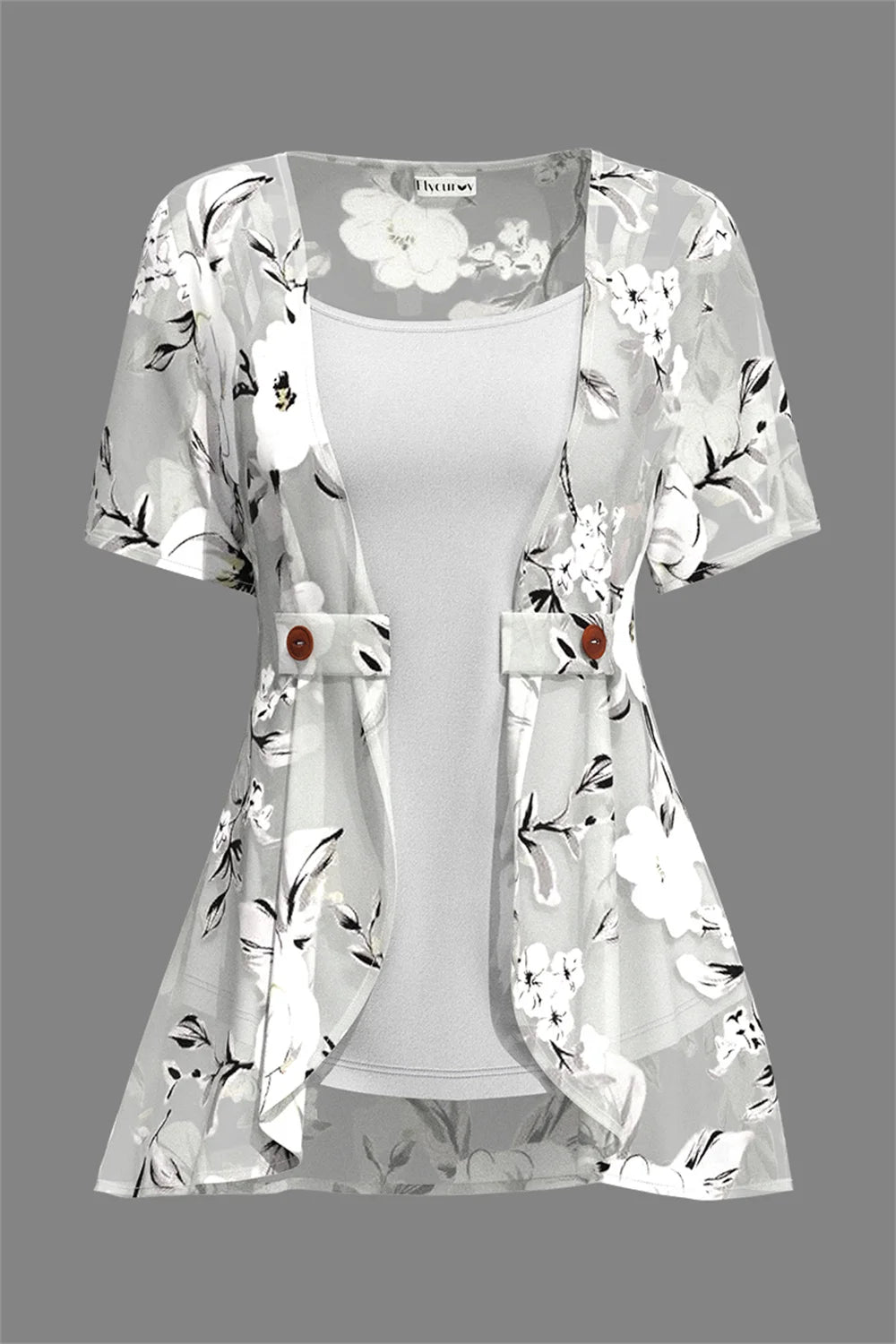 Plus Size Casual Grey Chiffon Floral Print Fake Two Pieces Blouse