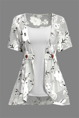 Plus Size Casual Grey Chiffon Floral Print Fake Two Pieces Blouse