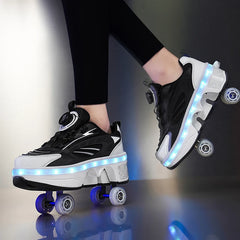 Double-Row Four-Wheel Roller Skating Shoes LED Flash Dual-Use Roller Shoes Men Women Casual Sneakers Sport Walking dog Shoes