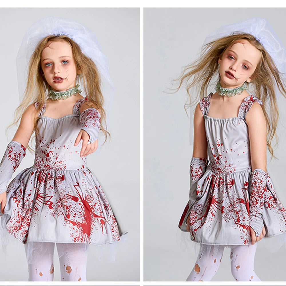 Halloween Corpse Bride Scary Girls Cosplay Costume Kids Children Bloody Walking Dead Zombie Dress Up
