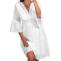 Summer White Lace Dress For Woman 2023 Trendy Casual Beachwear Cover-ups Outfits