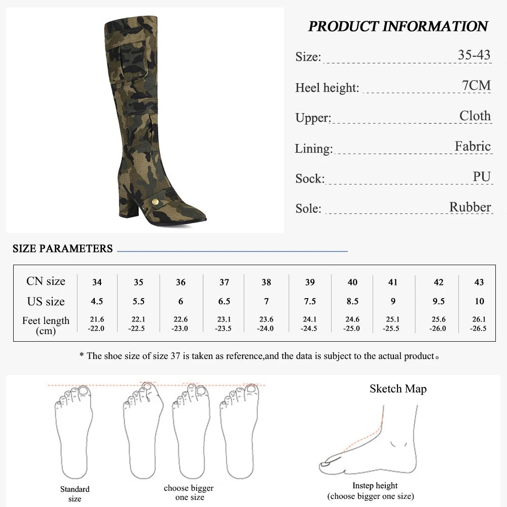 GMQM Fashion Women‘s The Knee Boots New Chunky High Heels Camouflage Army Green Shoes Knee High Boots Pocket Black  Jeans Boots