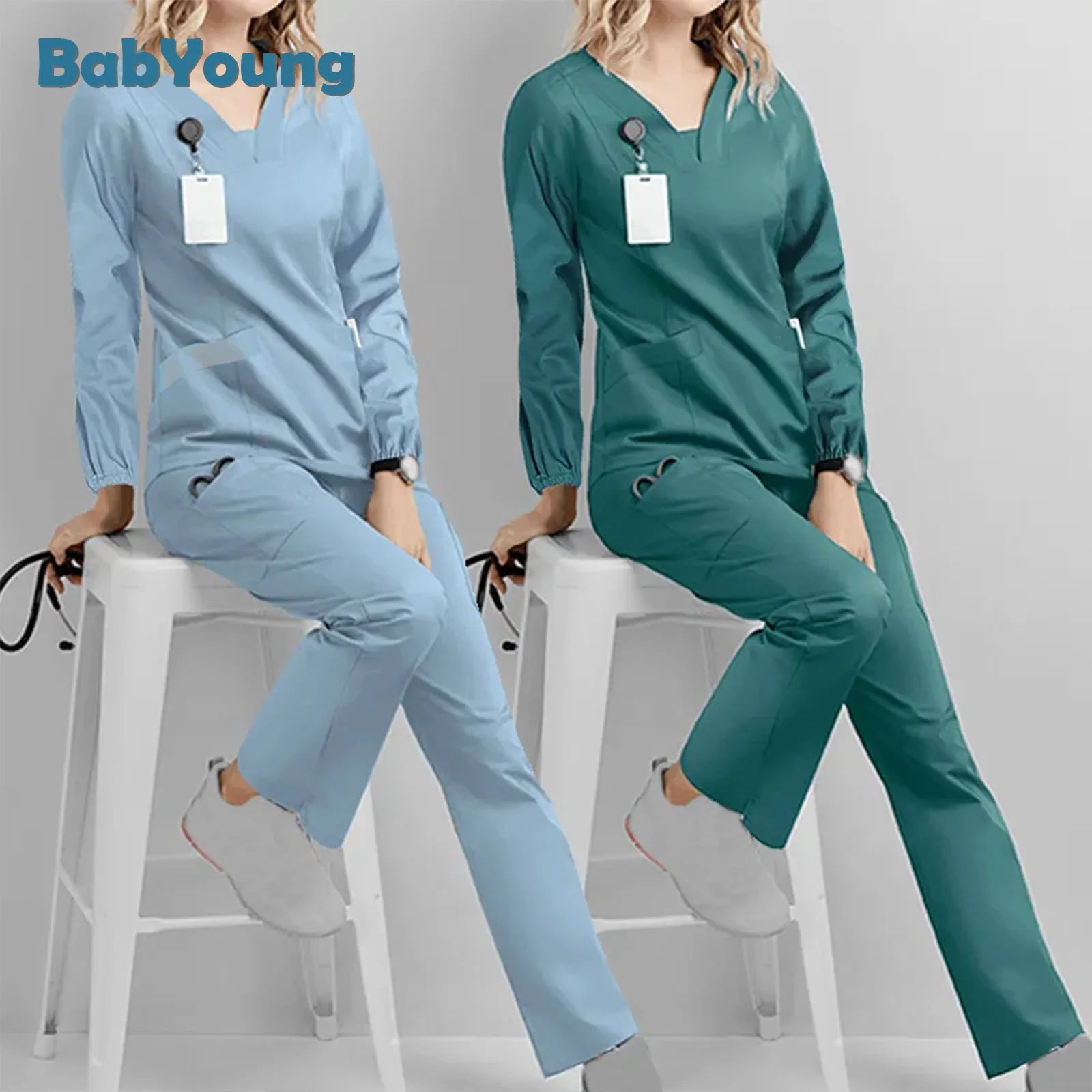 Scrubs Medical Uniforms Women 2023 Long Sleeve V-neck Pocket Care Workers T-shirt Tops