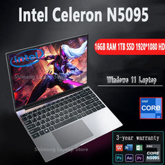 14.1'' Portable Windows 11 Intel Celeron N5095 Laptop 16GB DDR4 1TB 2TB SSD Netbook Gaming Office Notebook Business Pc Computer