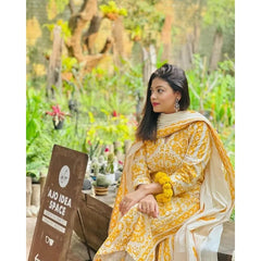 Yellow Color Printed Kurta Palazzo with Dupatta Set Women Salwar Kameez Suit Set