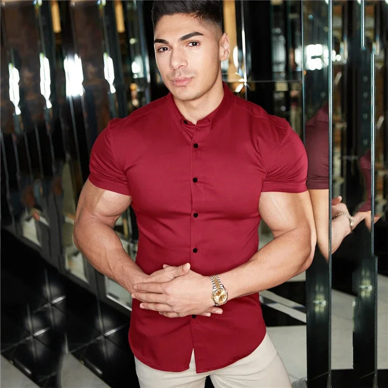 Summer Fashion Short Sleeve Shirt Men Super Slim Fit Male Casual Social Business Dress Shirt Brand Men Fitness Sports Clothing