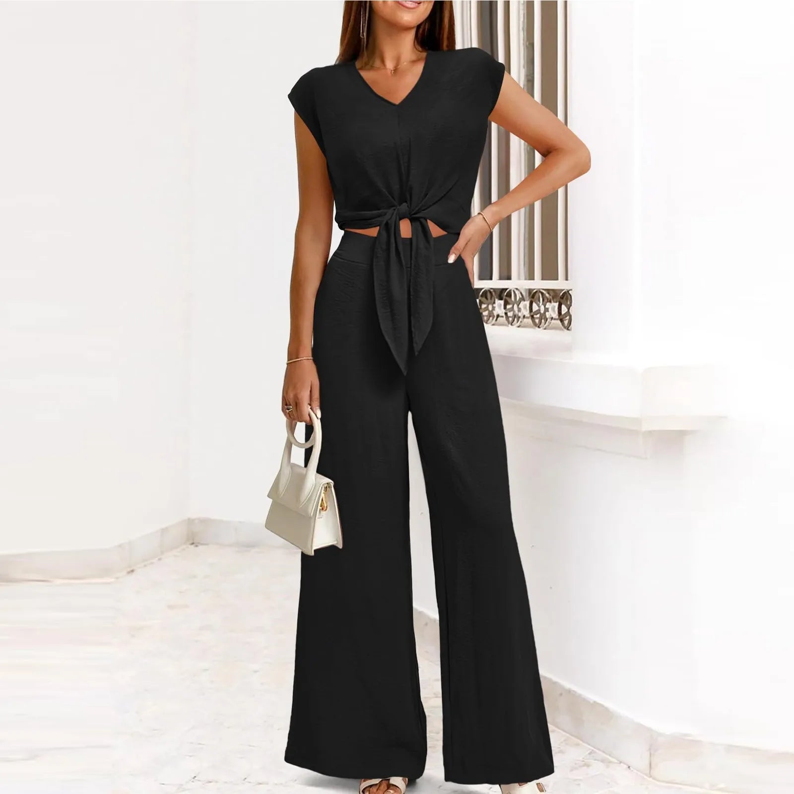 Women's Suits  Summer Casual Loose Lace Up Sexy Short Sleeve Tops High Waist Wide Leg Pants Two Piece Sets Women