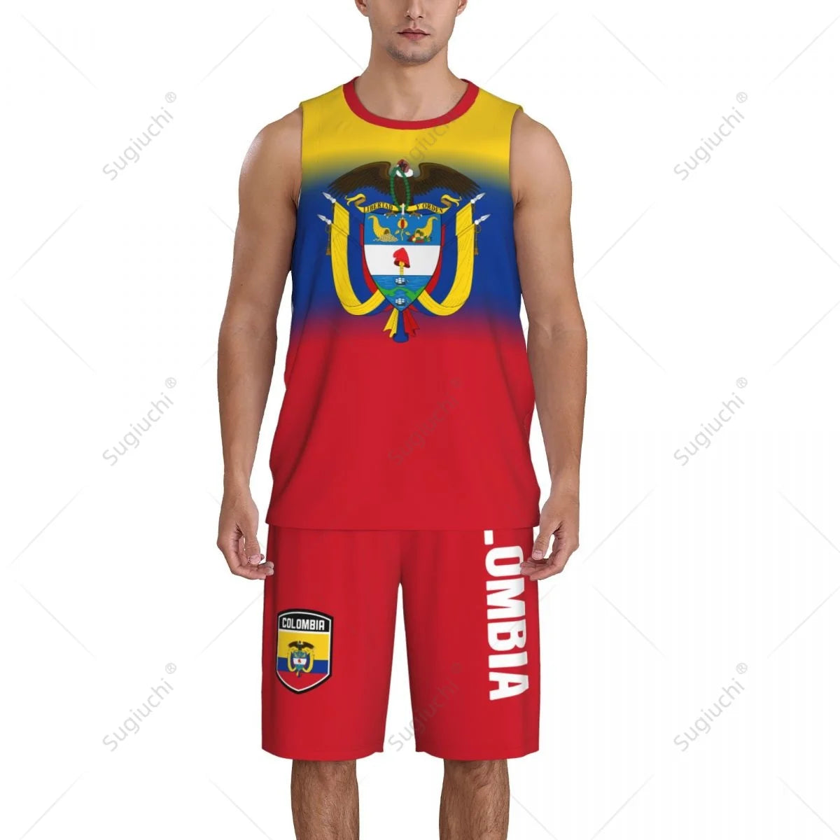 Men Colombia Flag Basketball Jersey Set Mesh Shirt & Pants Sleeveless Exclusive Team-up Custom Name Nunber Unisex