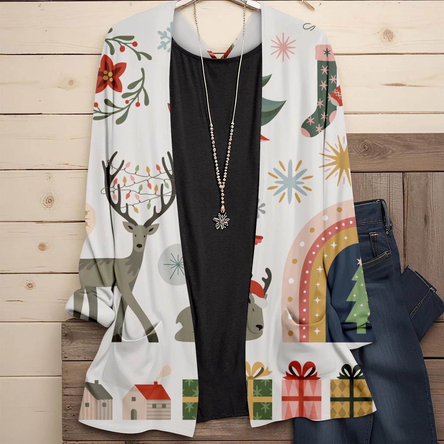 Cute Cartoon Santa Casual Print Cardigan for Women Spring Fashion Long Sleeve Christmas Loose Street Outwear Plus Size Jackets