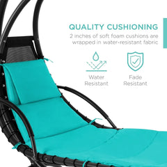 Outdoor Hanging Curved Steel Chaise Lounge Chair Swing w/Built-in Pillow and Removable Canopy