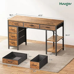 Multi-Functional Corner Desk with 6 Drawers Shelves Reversible Storage Workstation