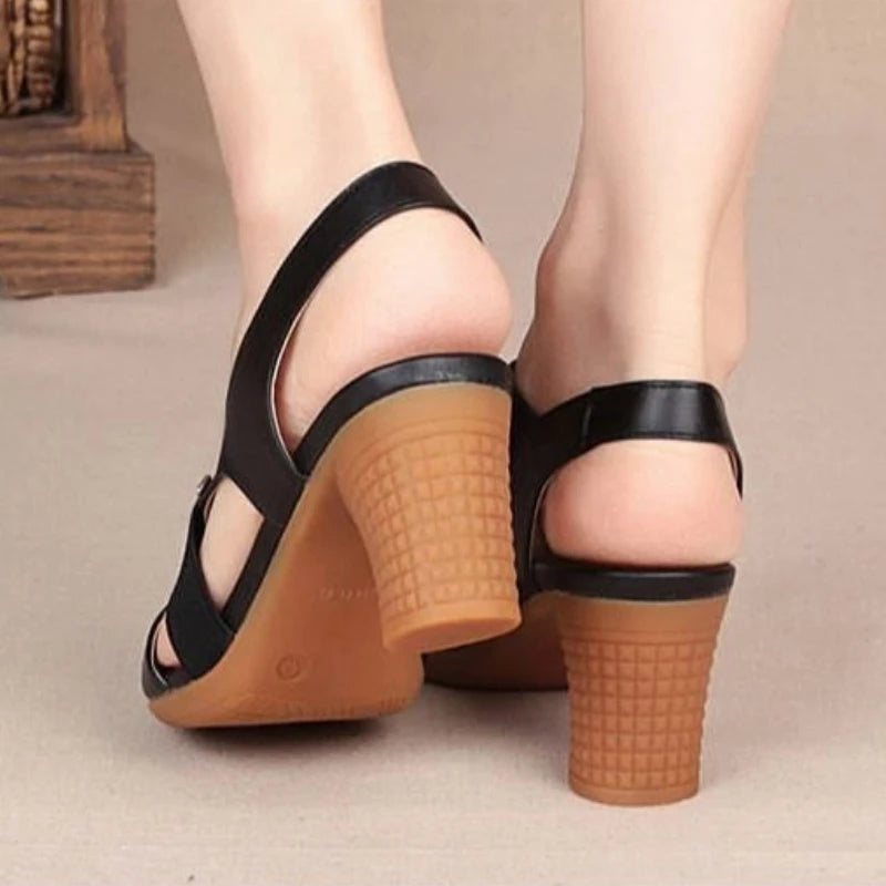 Round Mid Heel Platform Sandals High Quality Pu Leather Beach Casual Fashion Open Toe Female Shoes