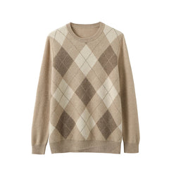 Checkered Panel Contrast 100% Cashmere Men's O-Neck Pullover