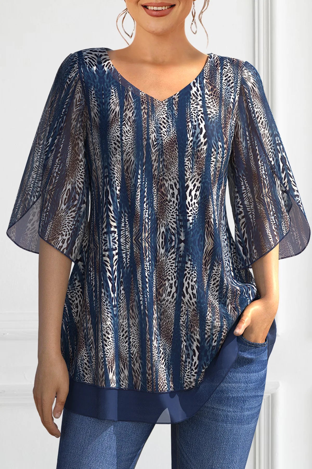 Women Flare Sleeve Chiffon Shirt Female V-Neck Blouse Large Plus Size Loose Shirts