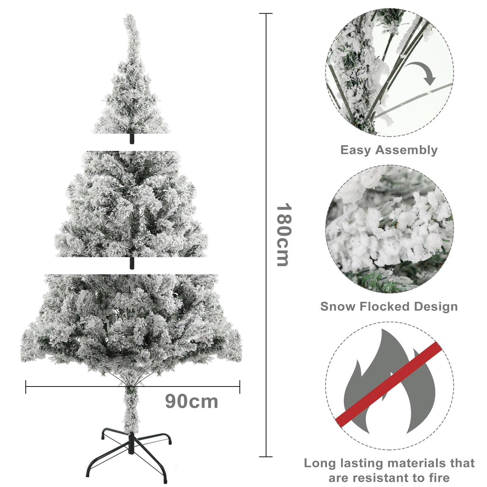 1.8m White Flocked Artificial Christmas Tree, Snow Christmas Holiday Pencil Tree, Winter Party Decoration with Realistic Branch