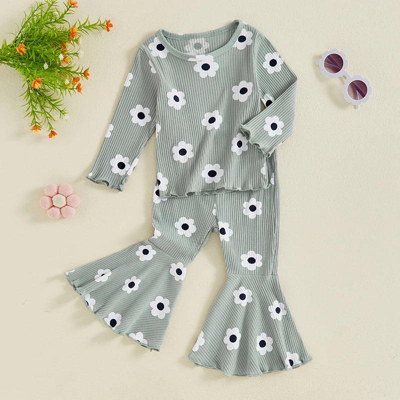 Toddler Girls Flower Outfit Ribbed Knit Pant Clothes Set Long Sleeve Round Neck Floral T-Shirt Tops Flared Trousers