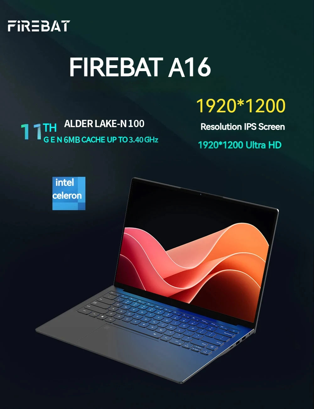 FIREBAT A16 16 Inch 100%sRGB Ultra Slim DDR4 16G RAM 1TB 1920*1200 Fingerprint Portable Intel N100 N5095 Notebook Laptop