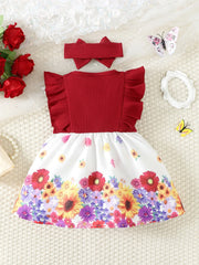 Summer Fashion Baby Girls Dress Round Neck Flying Sleeve Bow Splicing Floral Prints Dress