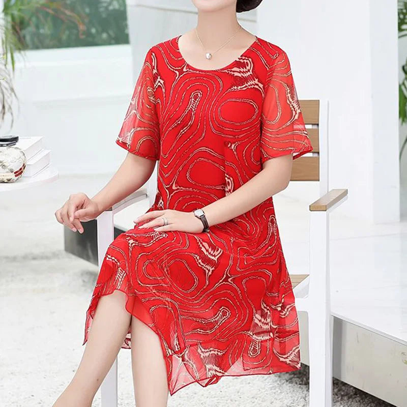 Summer Thin Fashion Printing Gauze Mesh Loose Knee Length Dress