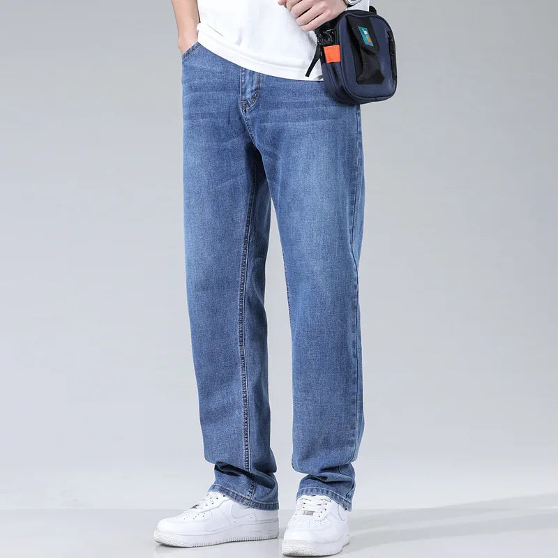 High Waisted Stretched Spring Autumn Men Jeans Plus Size 44 42 40 Loose Blue Denim Trousers Popular Comfortable Fashion Pants