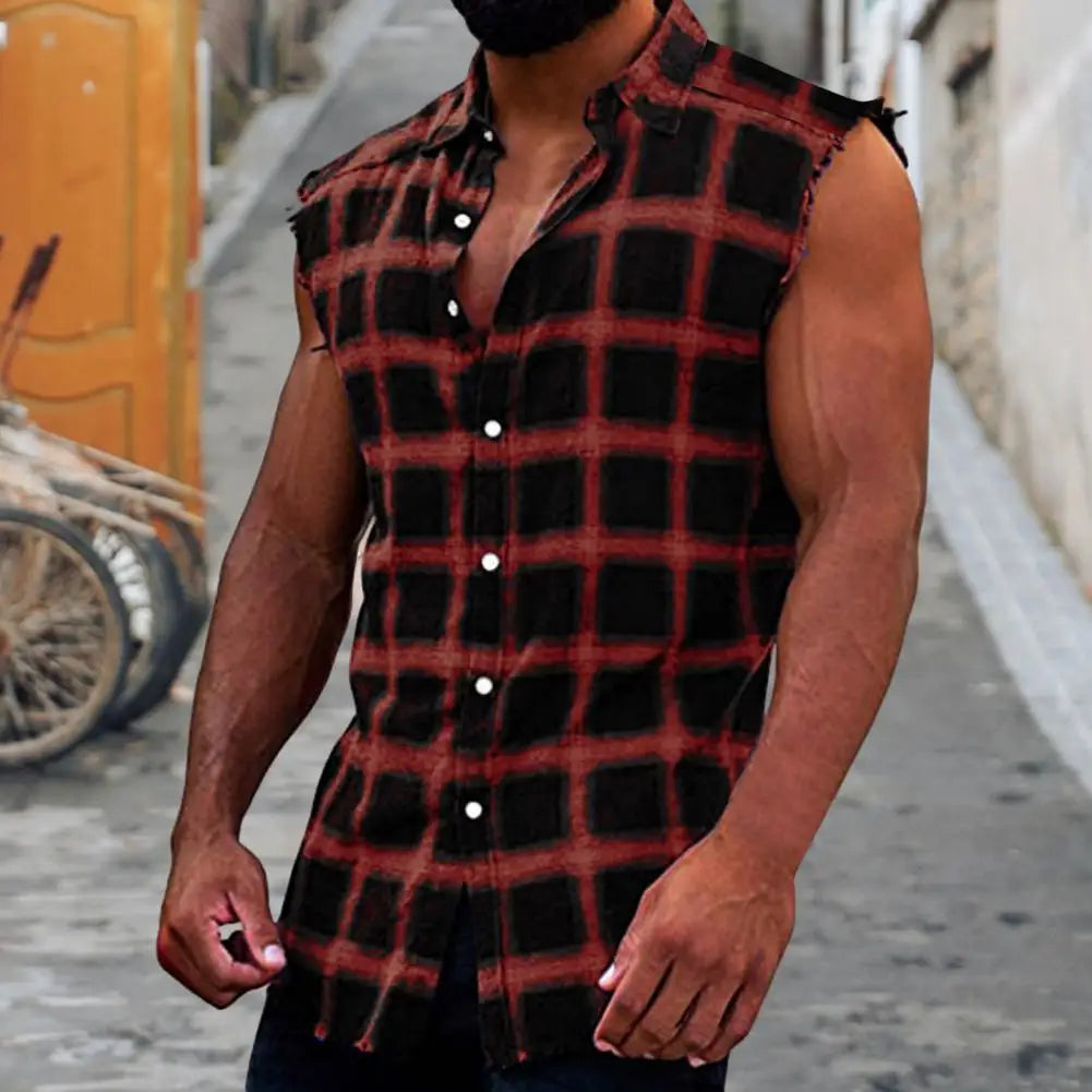 Men's Summer Fashion Casual Plaid Print Sleeveless T Shirt