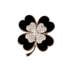 Black Flower Rhinestone Brooches For Women Creative Heart Crystal Clover Plant Lapel Pins