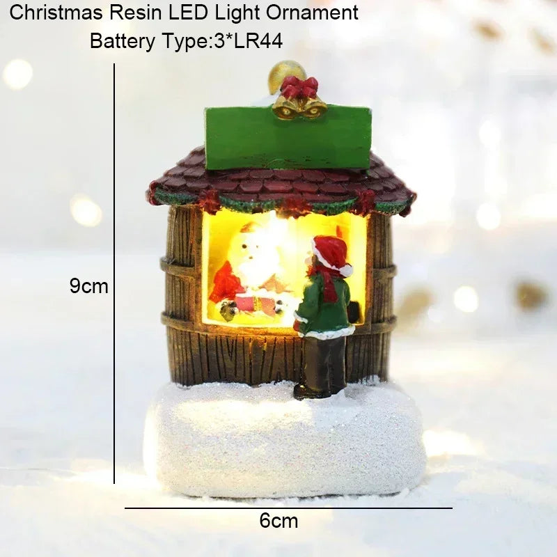 Christmas Snowman Glowing Ornament Christmas LED Houses Claus Pine Needles Snow Resin Santa View Gift Toy Desk Living Room Decor