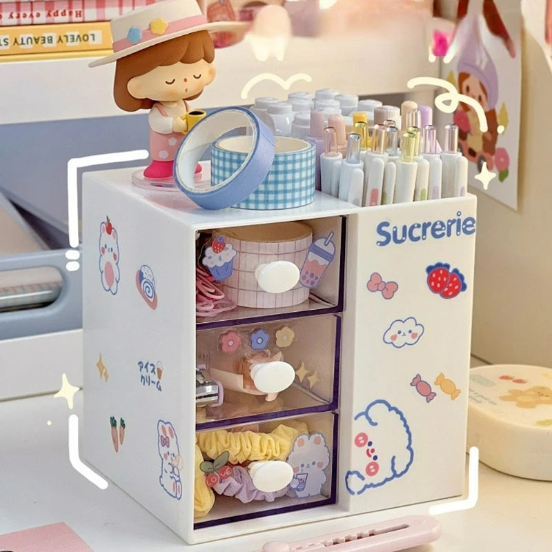 Cute Pen Holder Storage Organizer Boxes with Drawer Cosmetic Rack Kawaii Desk Accessories Girls Office School