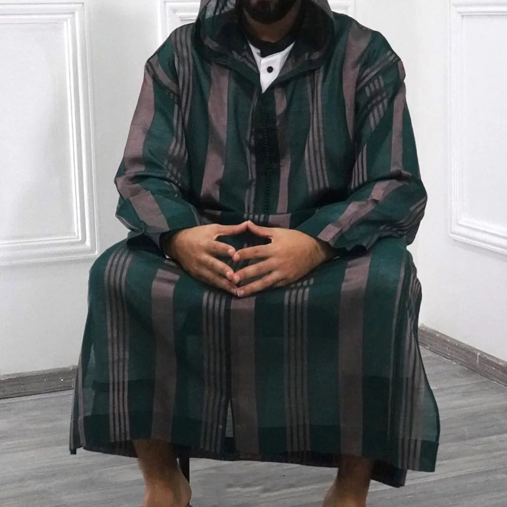 Muslim Men Long Sleeve Striped Hooded Breathable Robes 2022 Men's Robes Loose Dubai Saudi Arabia Robes Mens