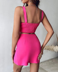 2PCS Women's Casual Rose Detail V-Neck Cami Top & Asymmetrical Hem Skirt Set