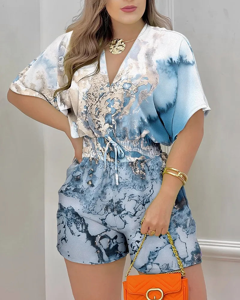 Summer Women V Neck Jumpsuit Holiday Beach Short Sleeve Loose Rompers